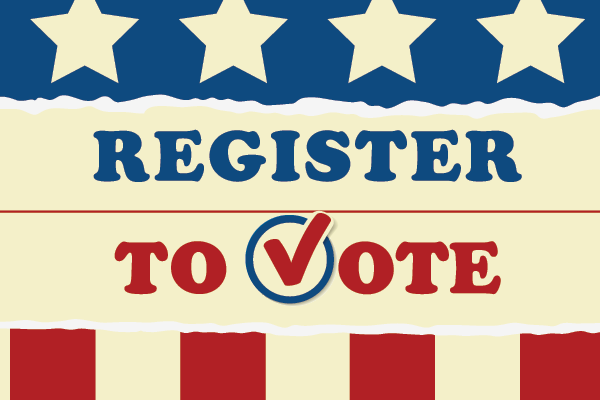 register to vote with blue stars and red check