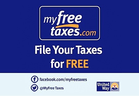 My Free Taxes with blue and orange background and website