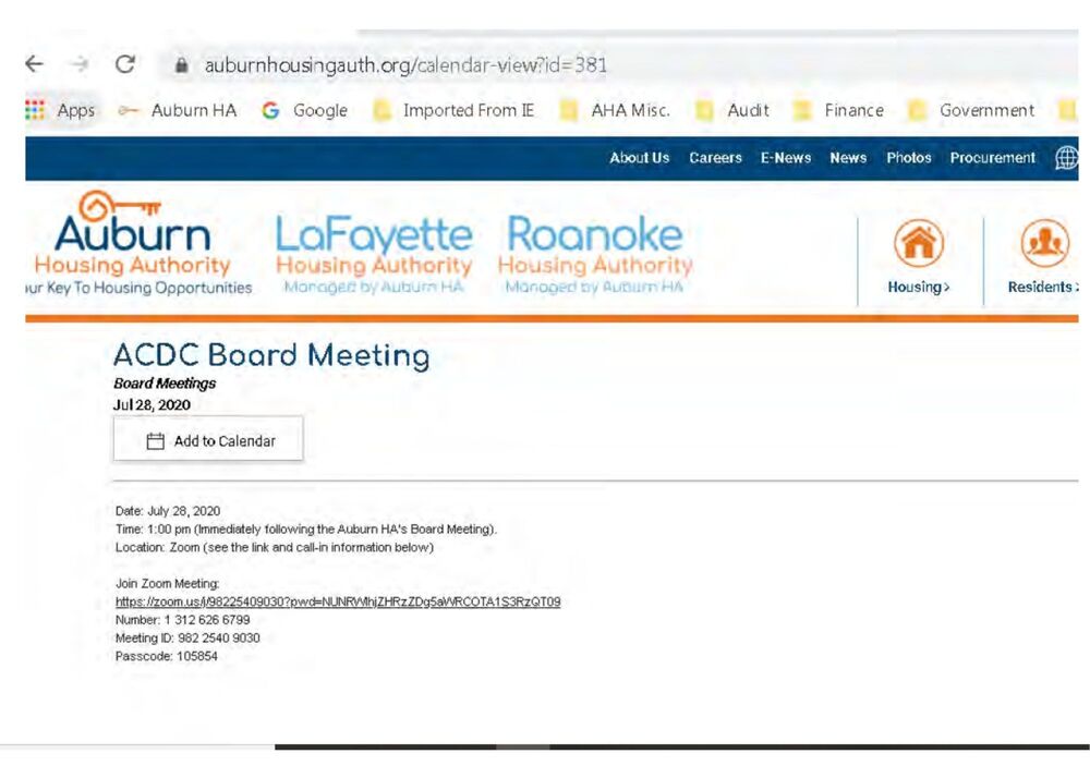 ACDC Board Meeting Calendar Event July 28, 2020 on AHA Website
