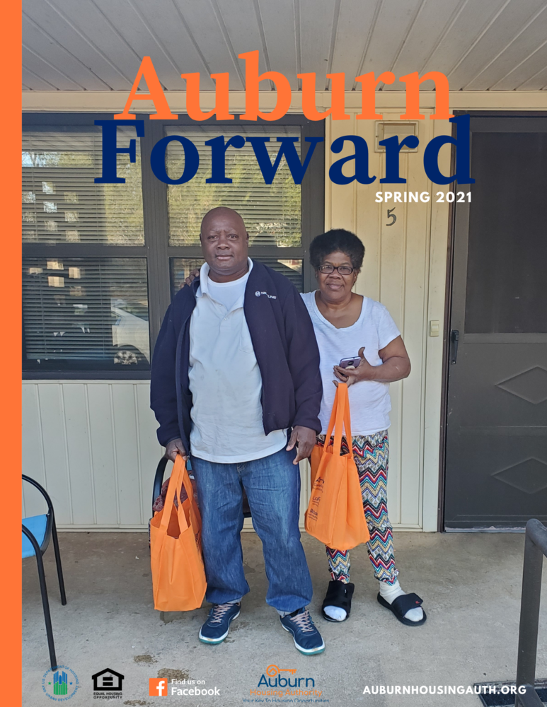 AHASpring 2021 Newsletter Cover with Senior Residents holding Covid Supply Bags 