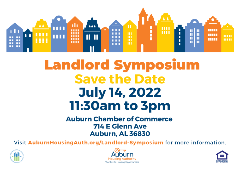 AHA Landlord Symposium Save the Date card with colorful row houses