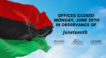 Juneteenth flag with housing authorities logo and closure text