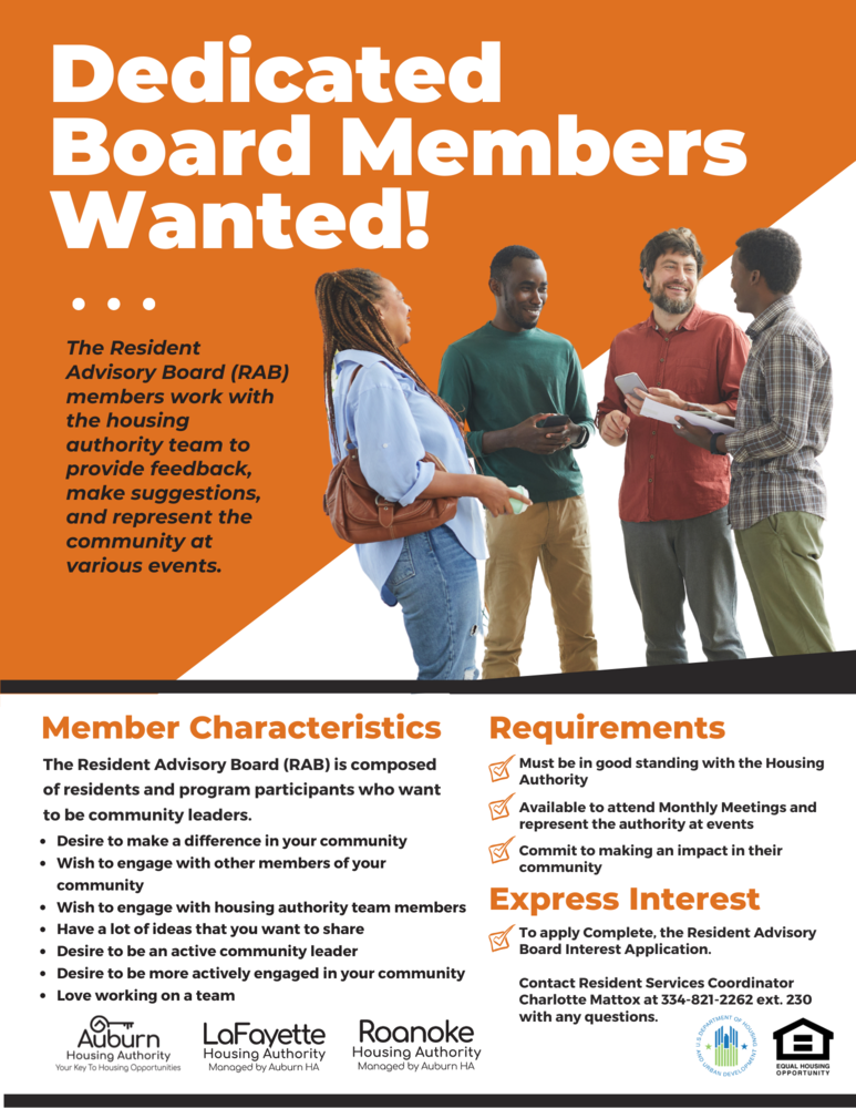 Resident Advisory Board Member Wanted flyer