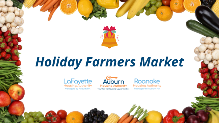 Holiday Farmers Market with Auburn, LaFayette, and Roanoke logos in a colorful produce banner
