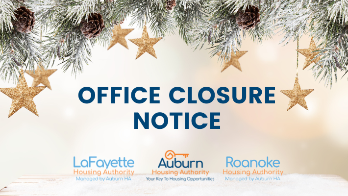 Office Closure Notice Banner with gold stars and garland and tinsel