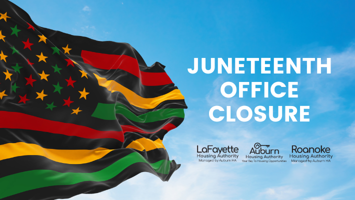 Juneteenth Office Closure with colorful flag blowing in the sky Banner