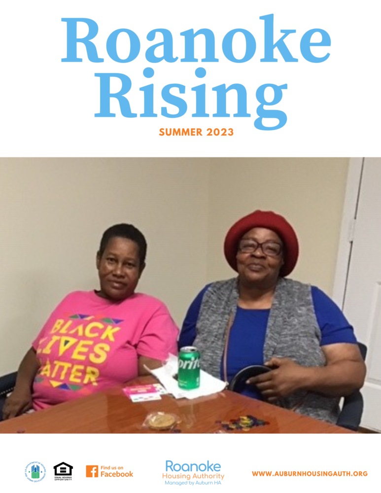 Roanoke Rising Summer 2023 Newsletter Cover with two residents posing at bingo