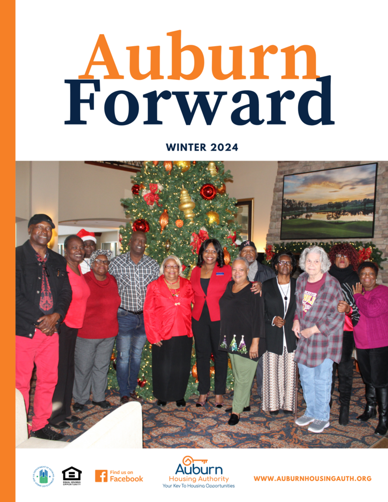 Auburn Forward Winter 2024 Newsletter Cover with Staff at Christmas Party