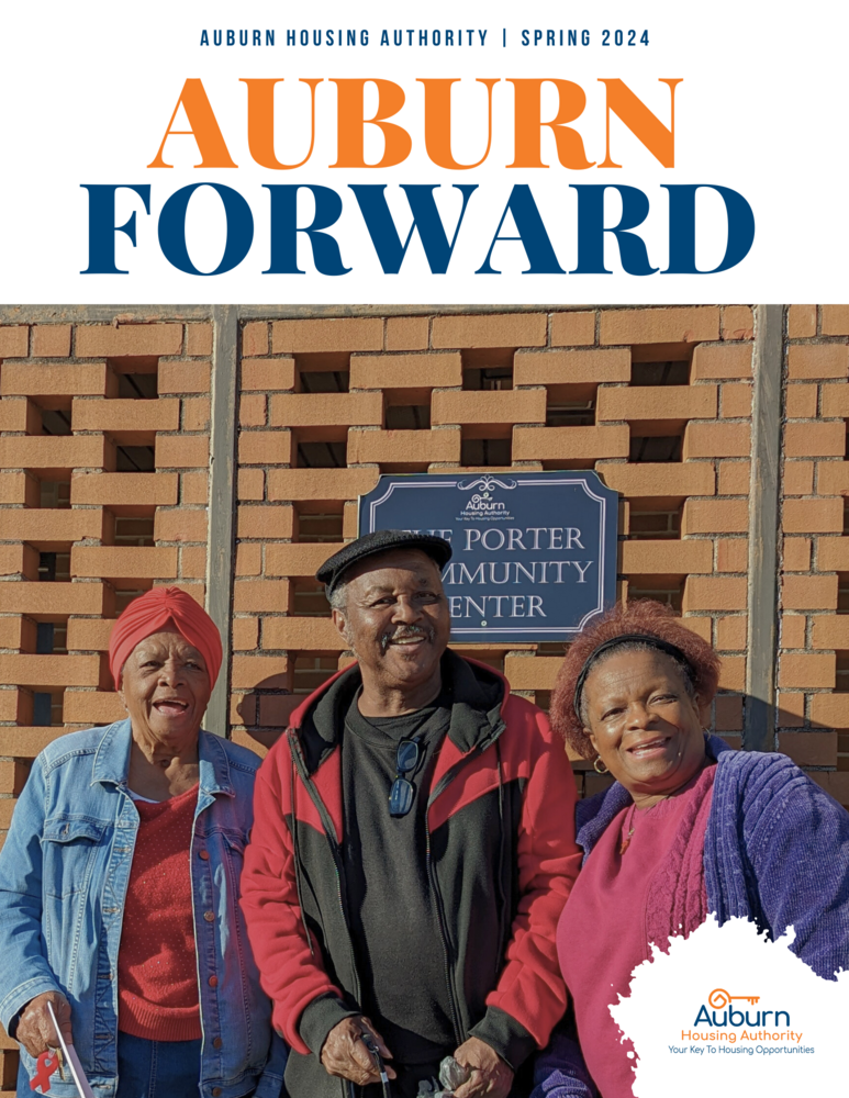 Auburn Forward Spring 2024 Newsletter Cover with elderly citizens outside the Porter Community Center