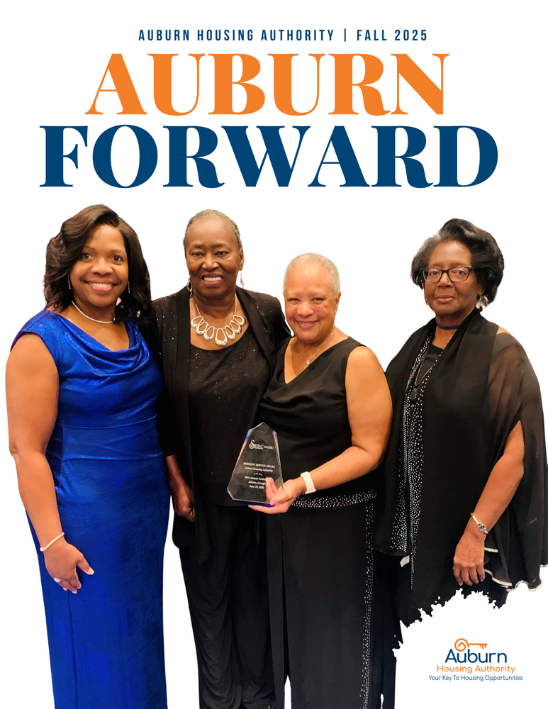 Auburn Forward Fall 2025 Newsletter Cover with Auburn Executive Director and Board members receiving award