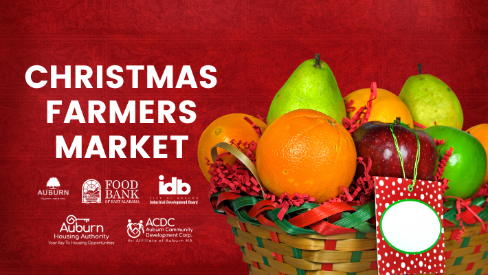 AHA website Banner with Christmas Farmers Market text a bowl of fruit and sponsor logos