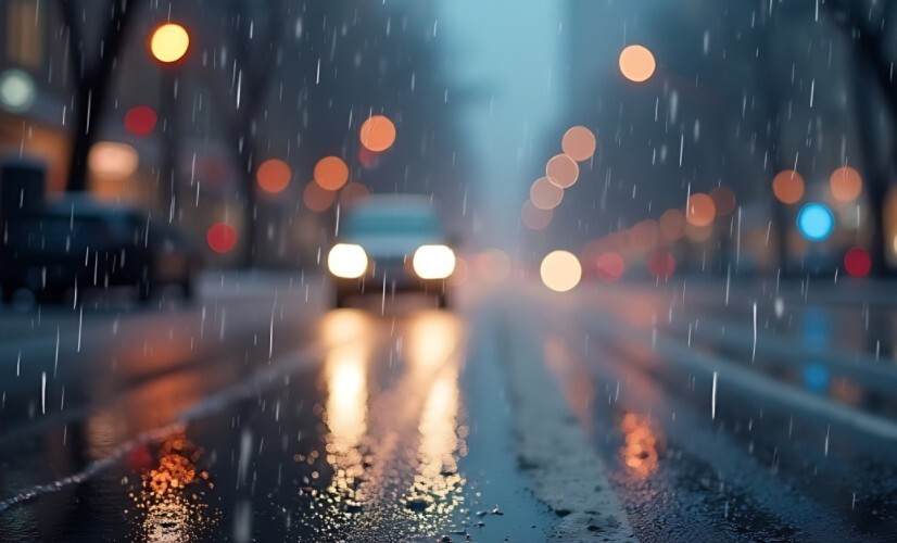 rain snow mix on city street at dusk with street lights on and car headlights on