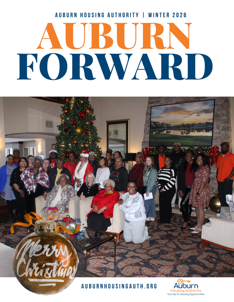 Auburn Forward Winter Edition 2026 Newsletter Cover with Staff and Commissioners at Christmas Party