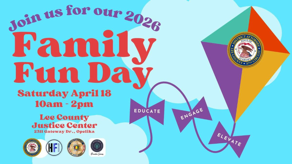Lee County Family Fun Day banner with Lee County Justice Center