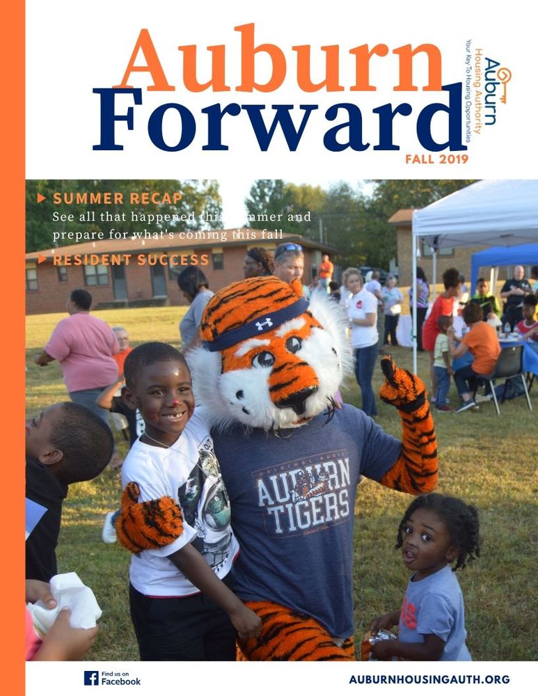 Auburn Forward Fall 2019 Newsletter Front Page with Tiger and Youth resident at National Night Out